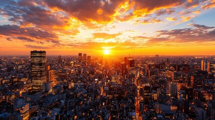 Wall Mural - Tokyo Skyline at Sunset with Dramatic Clouds and Golden Hour Lighting