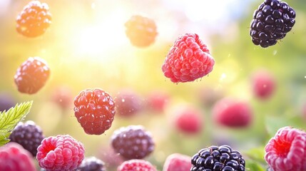 Wall Mural - Fresh Raspberries and Blackberries Falling in Sunlight