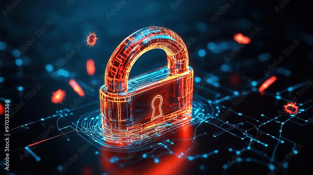 Lock icon encased in a futuristic network, glowing malware symbols ...