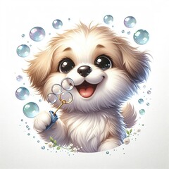 A 3D fluffy cute dog blowing bubbles, with a playful expression. The dog has fluffy fur, large round eyes, and a happy smile. The bubbles float around