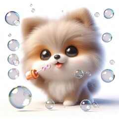 Wall Mural - A 3D fluffy cute dog blowing bubbles, with a playful expression. The dog has fluffy fur, large round eyes, and a happy smile. The bubbles float around