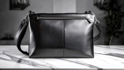 A modern and stylish black leather messenger bag.