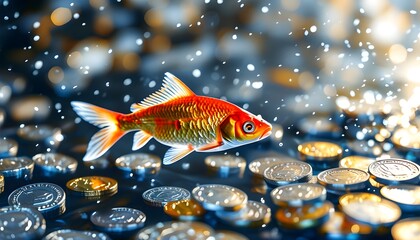 Fish swimming through a river of shimmering silver coins, symbolizing financial growth with a realistic backdrop, isolated on white for text accommodation