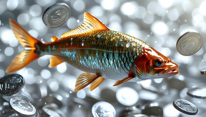 Fish swimming through a river of shimmering silver coins, symbolizing financial growth with a realistic backdrop, isolated on white for text accommodation