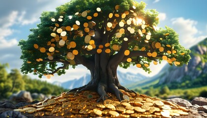 Majestic tree emerging from golden coins, representing economic prosperity amidst a beautiful natural landscape