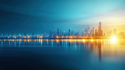 Wall Mural - Night view of a port city skyline with ships illuminated by port lights