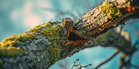 Poster - Close up of a hollow broken tree branch covered in fresh green moss under a blue sky