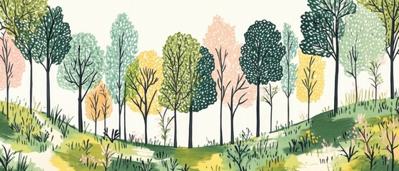 A vibrant illustration of a forest showcasing trees in various colors, capturing the beauty of nature and seasonal changes.