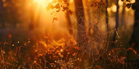 Sticker - A peaceful spider web sparkles amidst trees in the warm glow of sunset