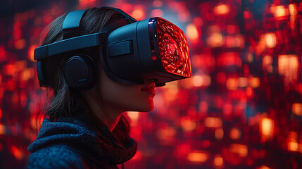 Wall Mural - A person wearing a VR headset against a vibrant, abstract background.