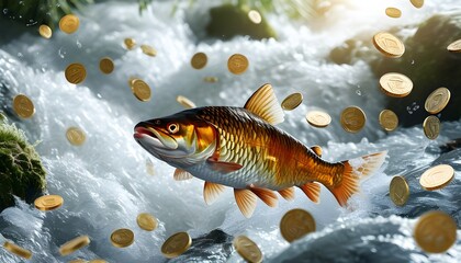 Dynamic fishes navigating a shimmering river of silver coins, symbolizing economic vitality against a pristine white backdrop with generous copy space