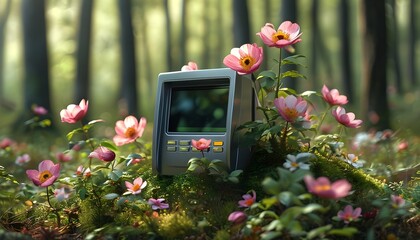 Poster - Flourishing flowers emerging from ATM cards in a serene forest, illustrating the harmony of financial growth and natures beauty