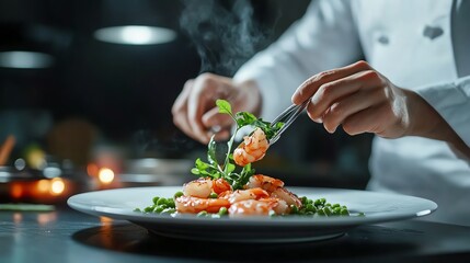 A skilled chef plating gourmet shrimp with fresh herbs, showcasing culinary artistry and steam rising from the dish.