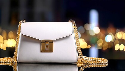 A stylish white leather handbag with gold chain straps, placed on a reflective black table. Elegant White Handbag with Gold Chain. 3