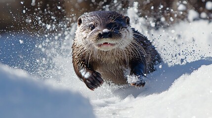 Otter Sliding Down Snowy Slope