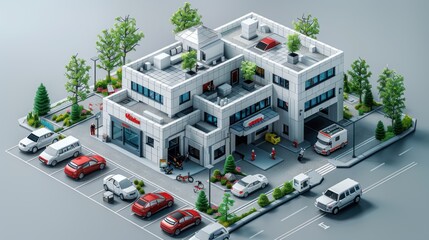 Wall Mural - Isometric Cityscape Illustration with Hospital Building