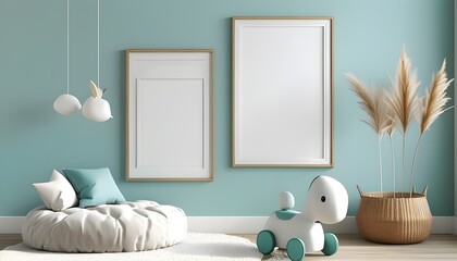 Wall Mural - Minimalist childrens room art mockup with teal and white tones featuring two artistic picture frames enhanced by AI generative technology