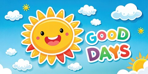 A whimsical illustration with a sunny cartoon sun, fluffy white clouds, and colorful stickers conveying a message of joy and optimism.