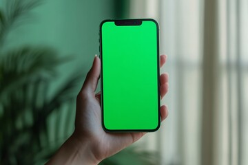 A person holding a smartphone with a vibrant green screen, ideal for app design or advertising backgrounds.