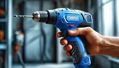 Innovative Technology Displayed: Blue Cordless Drill-Driver in Hand with Company Logo and Enhanced Graphic Quality