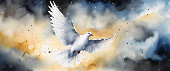 Wall Mural - Watercolor Dove Flying in Starry Sky, Peace Hope Spirituality Art
