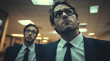 Eccentric and quirky employees - low angle shot - at their desks - frustrated - aggravated - retro style office - vintage decor - ultr cool 