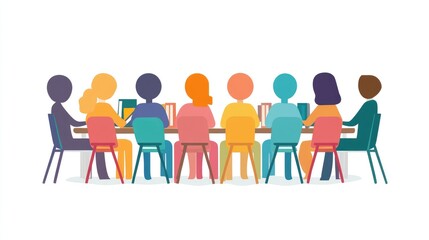 Flat vector of paper people discussing at a meeting, symbolizing online education in a library setting, no logos, isolated on white.