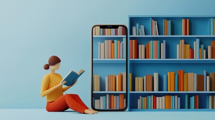 Poster - Illustration of a woman made of paper, reading a book near a large smartphone screen displaying an online library. Education theme.