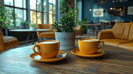 Coffee Break Rendezvous: Two steaming cappuccinos await on a rustic table, bathed in the warm glow of a cozy cafe interior. 