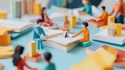 Illustration of paper people figures collaborating at a table, symbolizing digital education through online libraries, no people, white background.