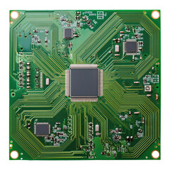 Poster - Green Circuit Board with Microchip Isolated on Transparent Background