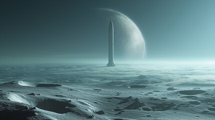 Wall Mural - Futuristic and science fiction illustration of a spaceship landing on a distant moon.