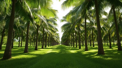 A grove of market-ready coconuts trees (Cocos nucifera), with fruit ready for picking