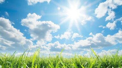 Sunny day with bright sun rays shining through fluffy clouds over a lush green field. Perfect representation of a beautiful summer day.