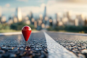 Wall Mural - Close-up of a red map pin on the modern road leading to modern big city. 3D Illustration , ai