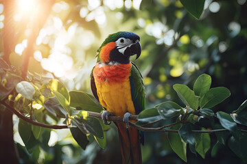 Colorful bird perched on a tree branch with sunlight filtering through leaves