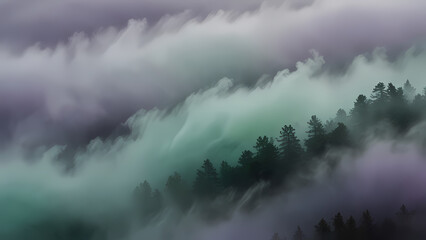 Abstract background of fog swirling in the air, blending with soft pastel colors like lavender, mint green, and sky blue