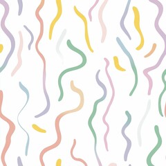 Poster - Bright pastel wavy lines of various colors flow across a white background, creating a cheerful and dynamic pattern ideal for creative projects