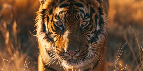 Sticker - A close up portrait of a tiger staring into the camera in a natural outdoor setting highlighting its distinctive features like the snout and whiskers