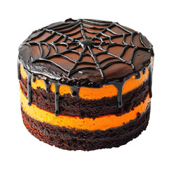 Black and orange layered cake with spider web frosting on white background. Halloween concept