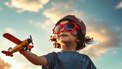 Wall Mural - Dreamy Child Playing with Toy Airplane Under Bright Sky, Envisioning Flight and Adventure Through Joyful Imagination