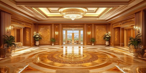 expensive hotel lobby with luxury gold wooden panels, carvings royal style and elegant glowing floor 