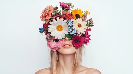 A woman with her eyes and head adorned with a vibrant and colorful bouquet of blooming flowers, standing against a plain white background.