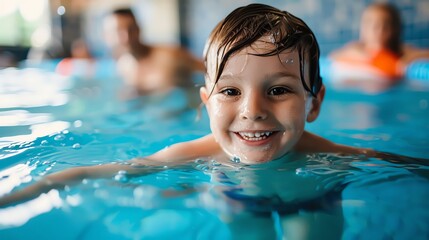 Joyful child swimming in a pool, capturing the essence of fun and happiness in water play with family.