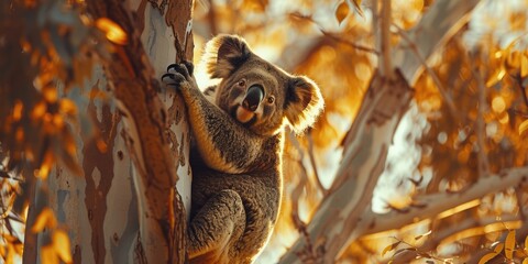 Sticker - A mother koala ascends a eucalyptus tree in its natural habitat