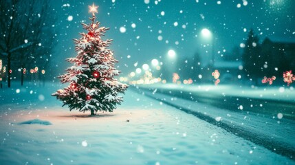 Decorated Christmas tree with ornaments and glowing lights on a snowy street, with festive blur bokeh in the background. Snow is gently falling at twilight.