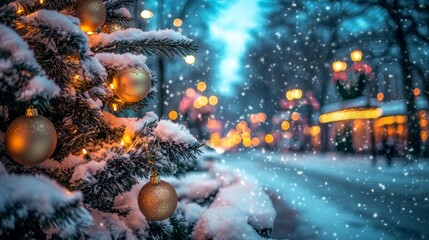 Decorated Christmas tree with ornaments and glowing lights on a snowy street, with festive blur bokeh in the background. Snow is gently falling at twilight.