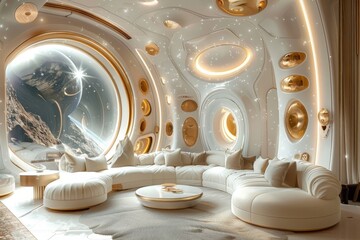 Wall Mural - A gold and white room with a large window that looks out to the stars