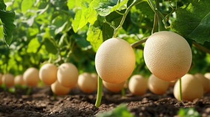 grove of market-ready Cantaloupe melon fresh, bright (Cucumis melo) trees Herbaceous plants that last only one season.