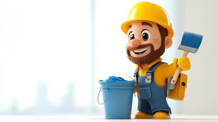 Cheerful cartoon construction worker holding a blue paintbrush and bucket, ready for painting. Bright and professional background.